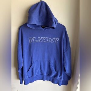 Playboy pullover hooded sweatshirt bluish/purple distressed with hole- size L